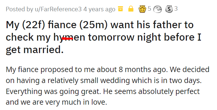 My (22f) fiance (25m) want his father to check my hymen tomorrow night before I get married.