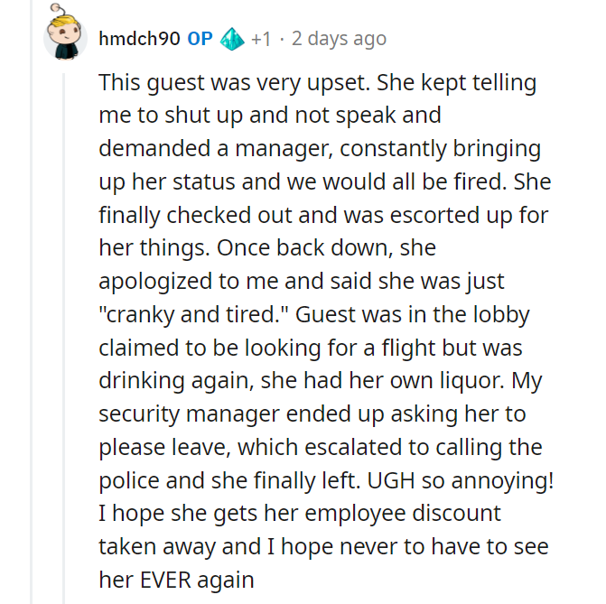 Super rude guest using her employee rate