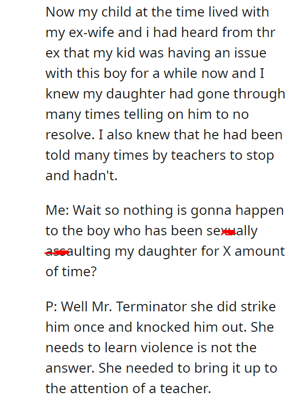 EK sexually assaults my daughter. Finds out the hard way she's been taught to take care of herself.