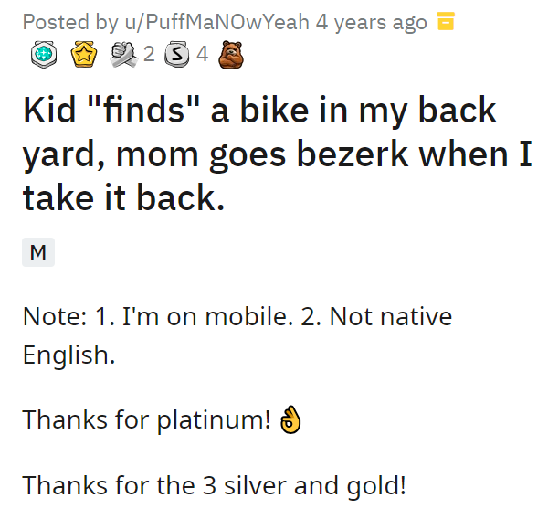 Kid finds a bike in my back yard, mom goes bezerk when I take it back.