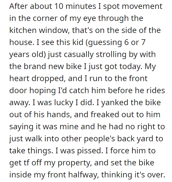 Kid finds a bike in my back yard, mom goes bezerk when I take it back.