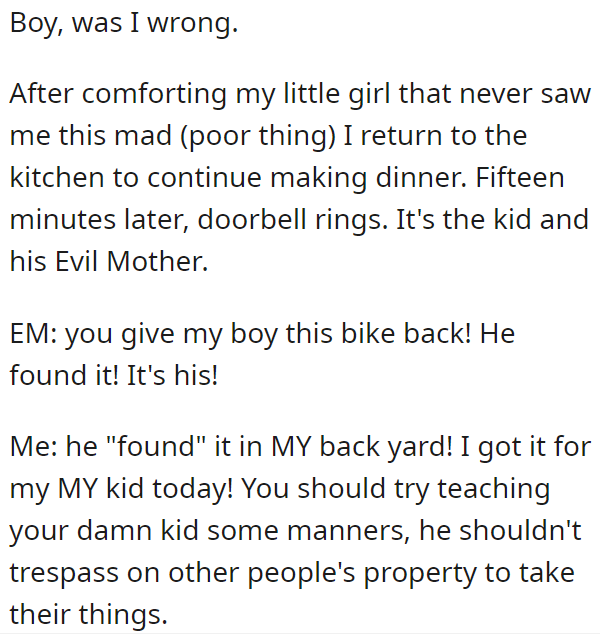 Kid finds a bike in my back yard, mom goes bezerk when I take it back.