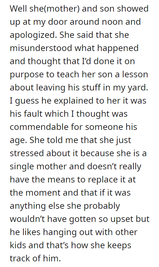 Kid put stuff in yard; ran over it with mower; mother wants me to pay.