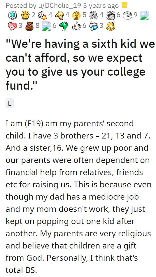 [UPDATE] "We're having a sixth kid we can't afford, so we expect you to give us your college fund."