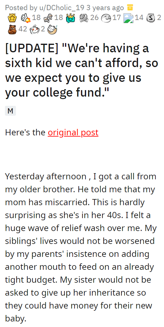 [UPDATE] "We're having a sixth kid we can't afford, so we expect you to give us your college fund."