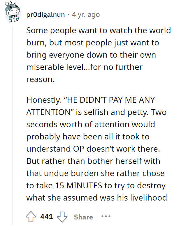 Woman wants me fired from somewhere I don't work, without actually speaking to me.