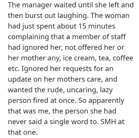 Woman wants me fired from somewhere I don't work, without actually speaking to me.