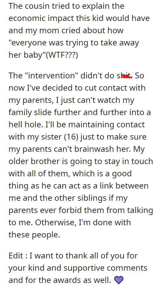 [UPDATE] "We're having a sixth kid we can't afford, so we expect you to give us your college fund."