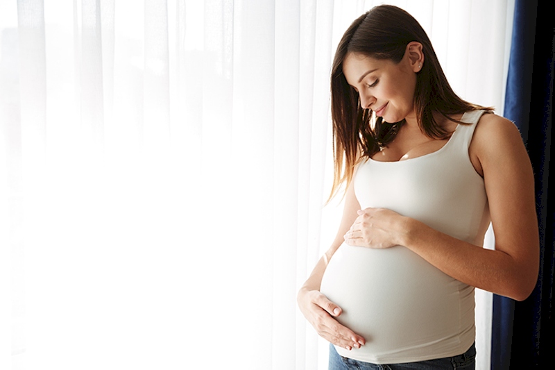 Portrait of a happy pregnant woman touching her belly while standing indoors